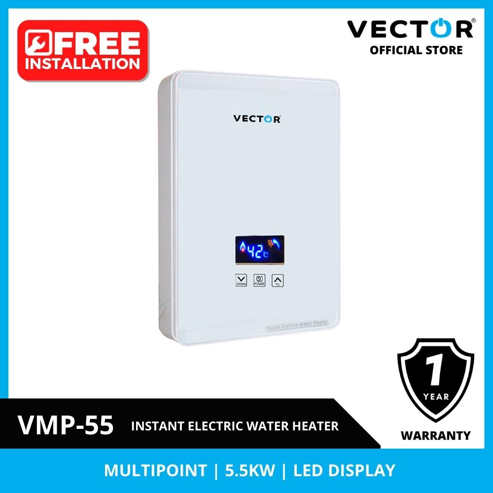 Vector instant electric water heater with digital display on a white background