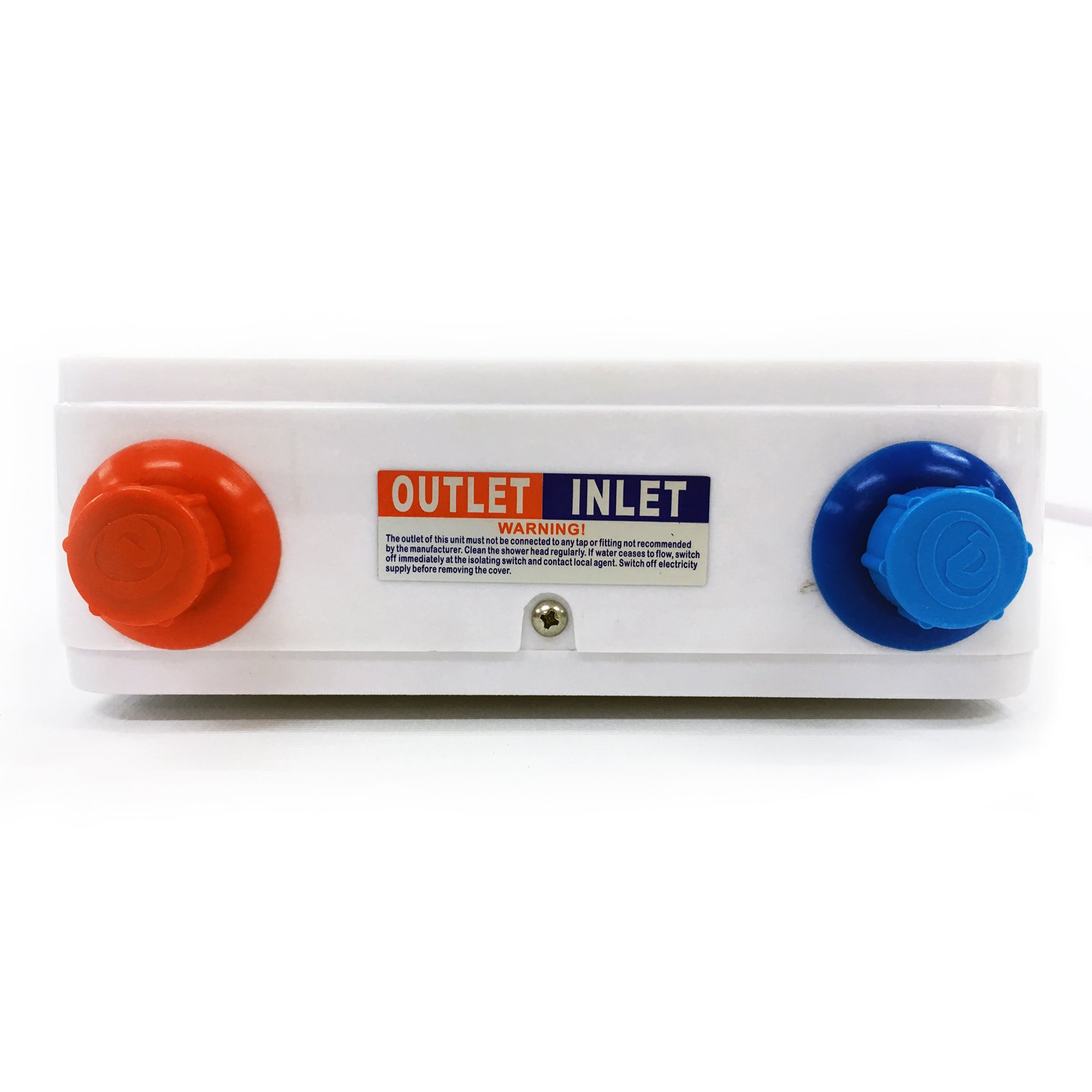 White device with red 'Outlet' and blue 'Inlet' knobs on a white background