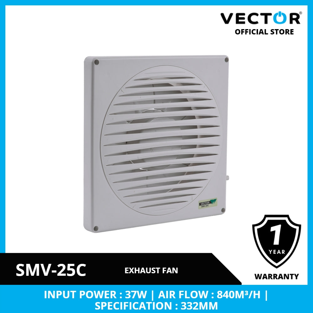 Exhaust fan with specifications and Vector brand logo on a white background