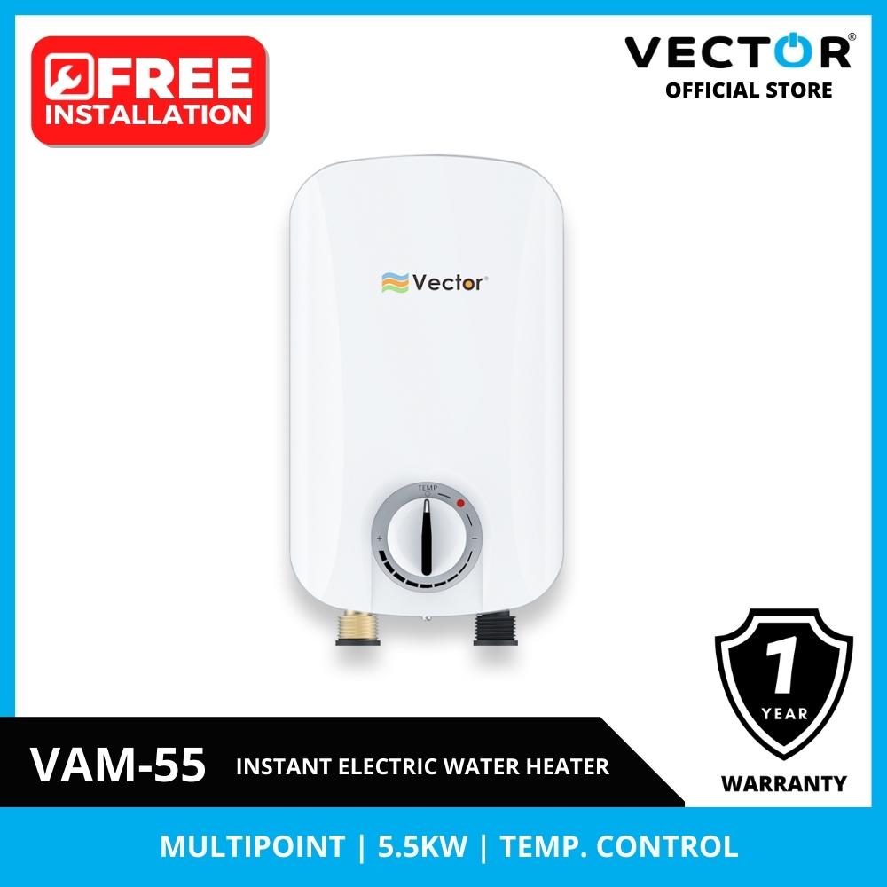 Vector instant electric water heater with features and branding on a white background