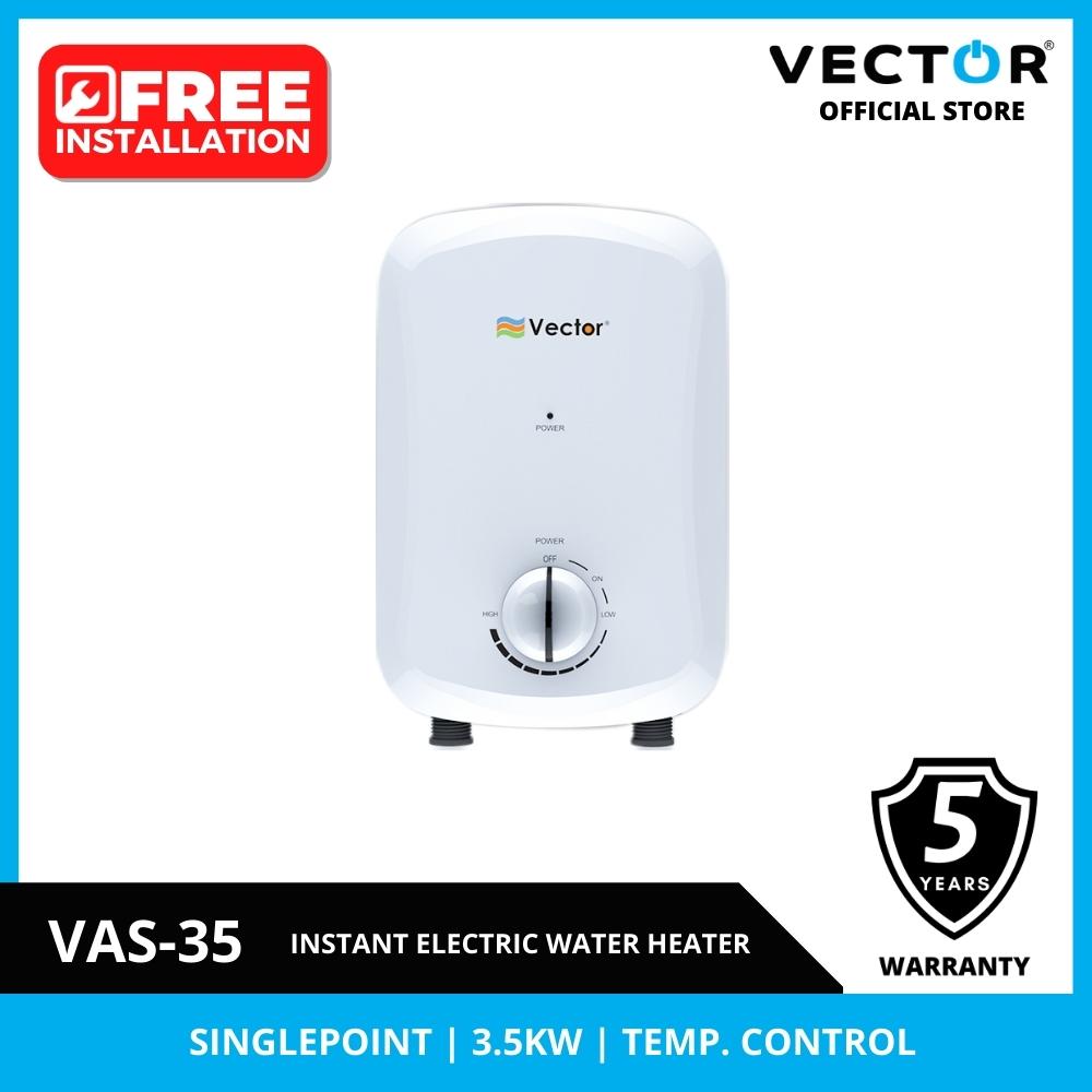 Vector instant electric water heater with brand logo and product details on a white background