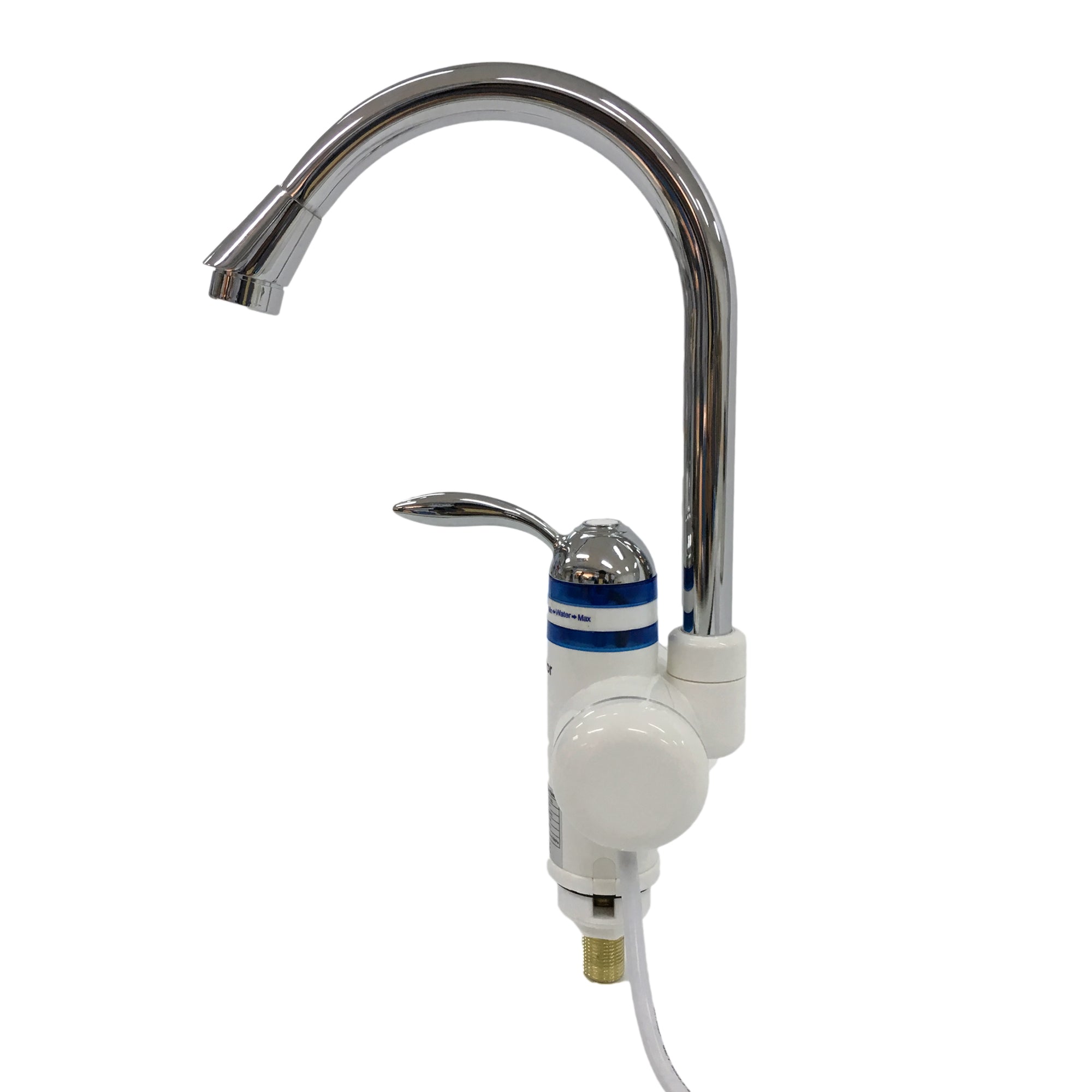 Chrome kitchen faucet with electric heating element on a white background