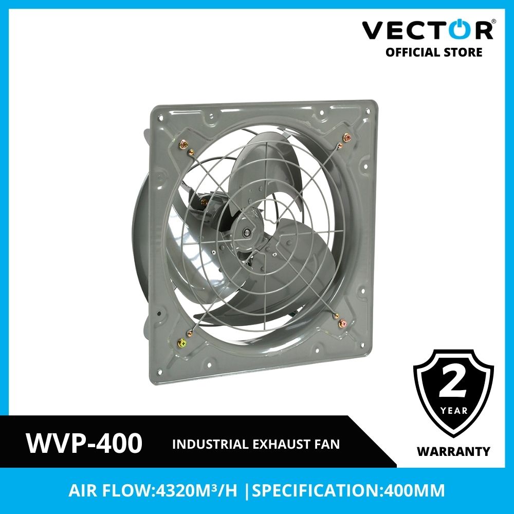 Industrial exhaust fan with Vector branding and specifications on a white background