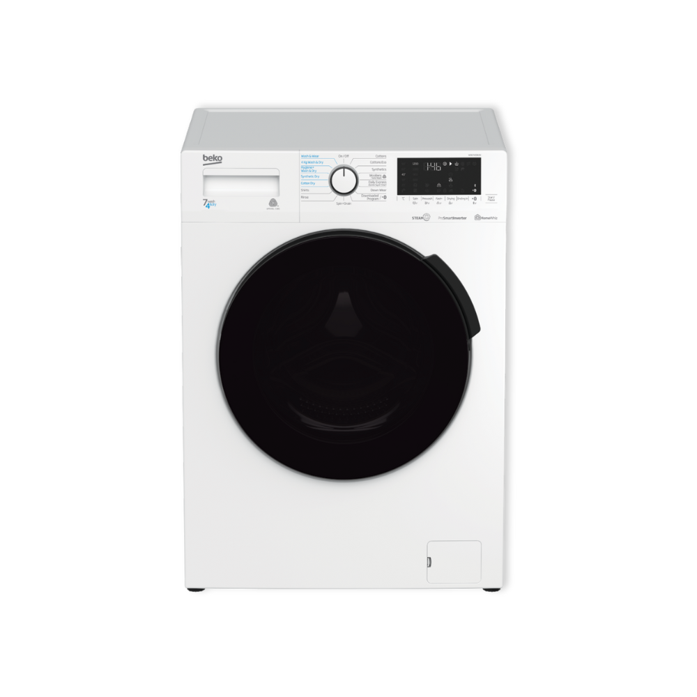 White washing machine with black door on a white background