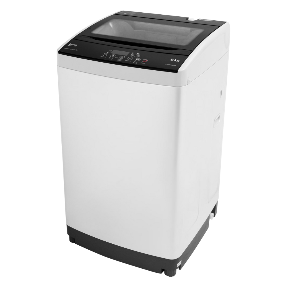 White washing machine with black top on a white background