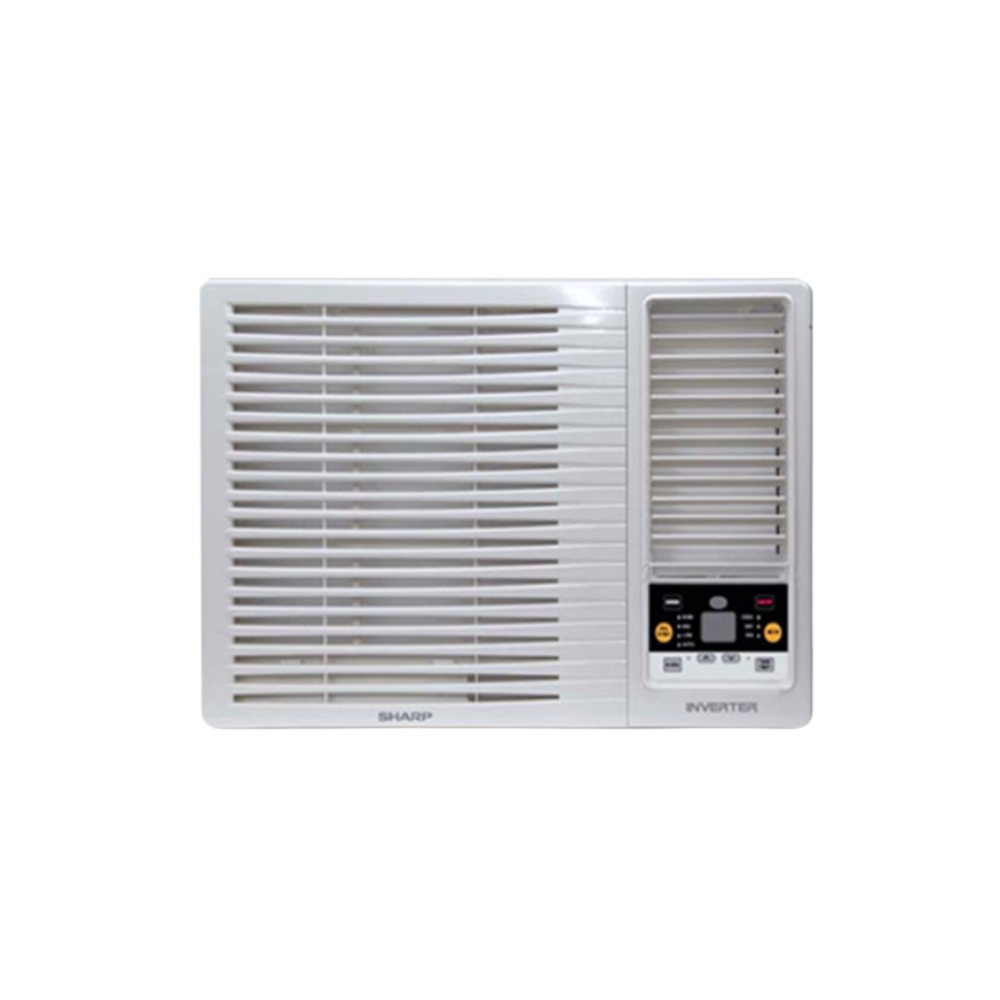 White window air conditioner with control panel on a white background