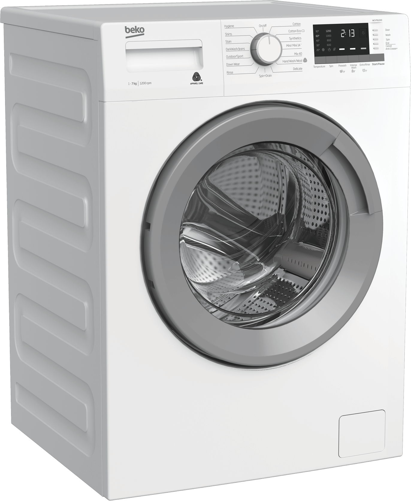 White Beko washing machine with open door on a white background