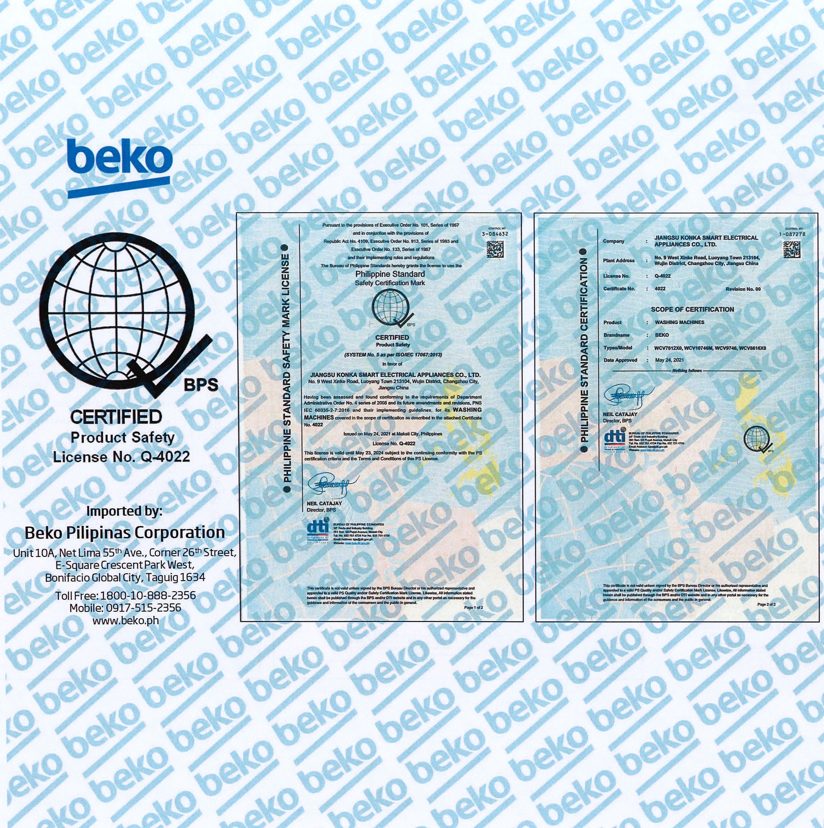 Beko product safety certification label with multiple certifications on a branded background