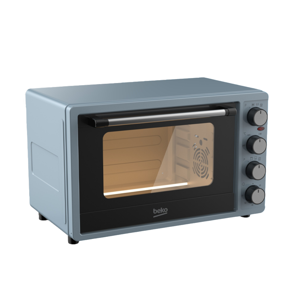 Small oven with a glass door and control knobs on a white background
