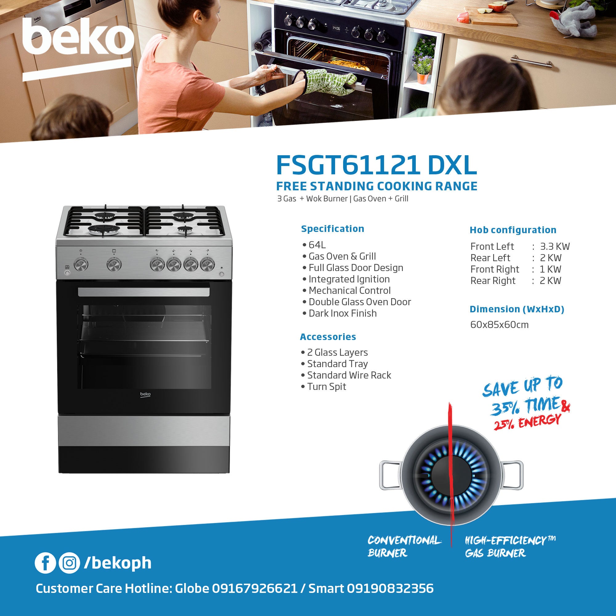 Beko Freestanding Cooker 60 cm, 3 Gas + 1 Wok Burner  Gas Hob & Gas Oven + Gas Grill FSGT61121DXL - 3