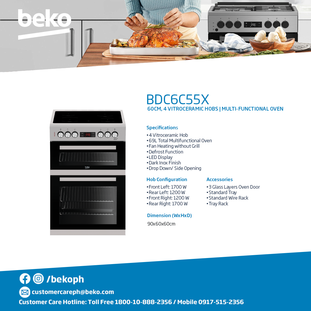 Beko Freestanding Cooker 60cm, 4 Vitroceramic Hobs  Electric Hob & Electric Double Glass Door Oven + Electric Grill BDC6C55X - 3