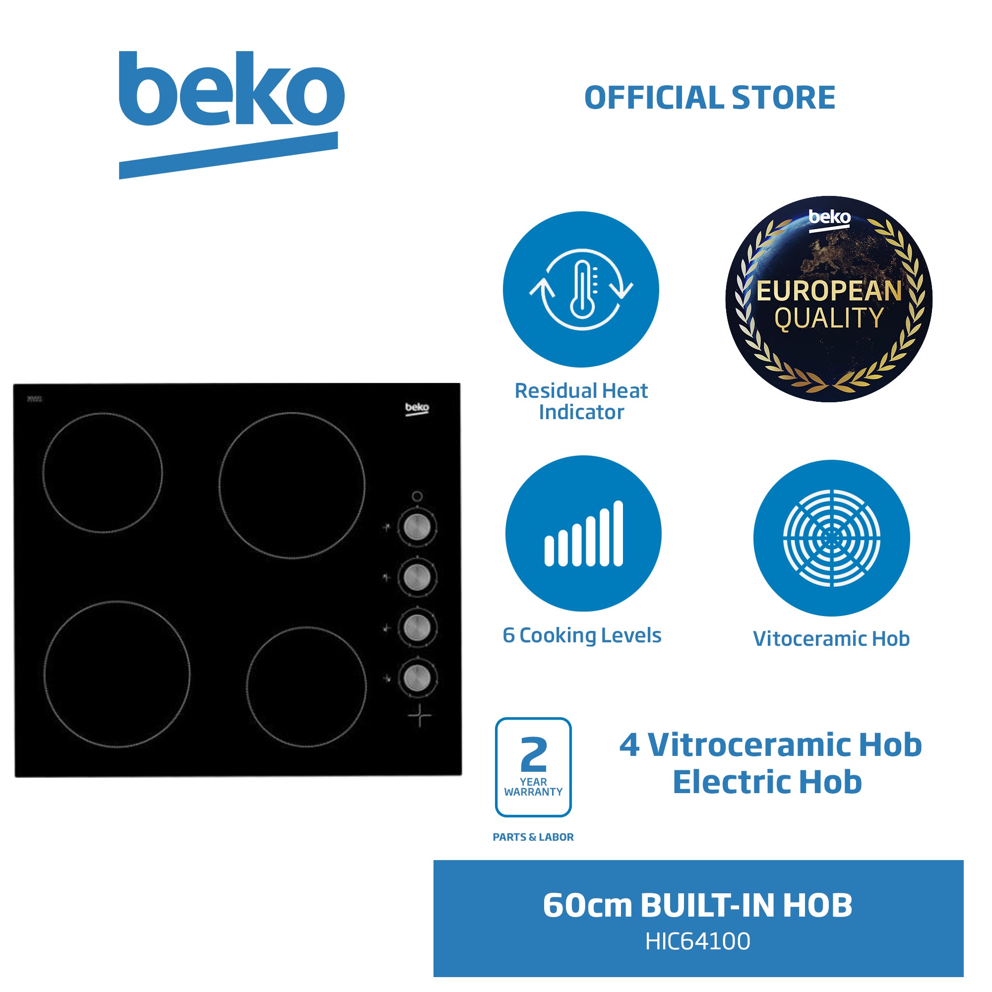 Beko Built-In Hob 60 cm, 4 Vitroceramic Hob  Electric Hob HIC64100 - 3 