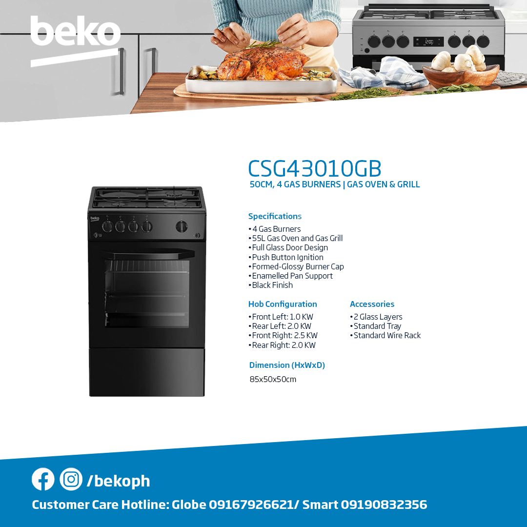 Beko Freestanding Cooker 50 cm, 3 Gas + 1 Hotplate  Gas + Electric Hob & Gas Oven + Gas Grill CSG43010GB-3