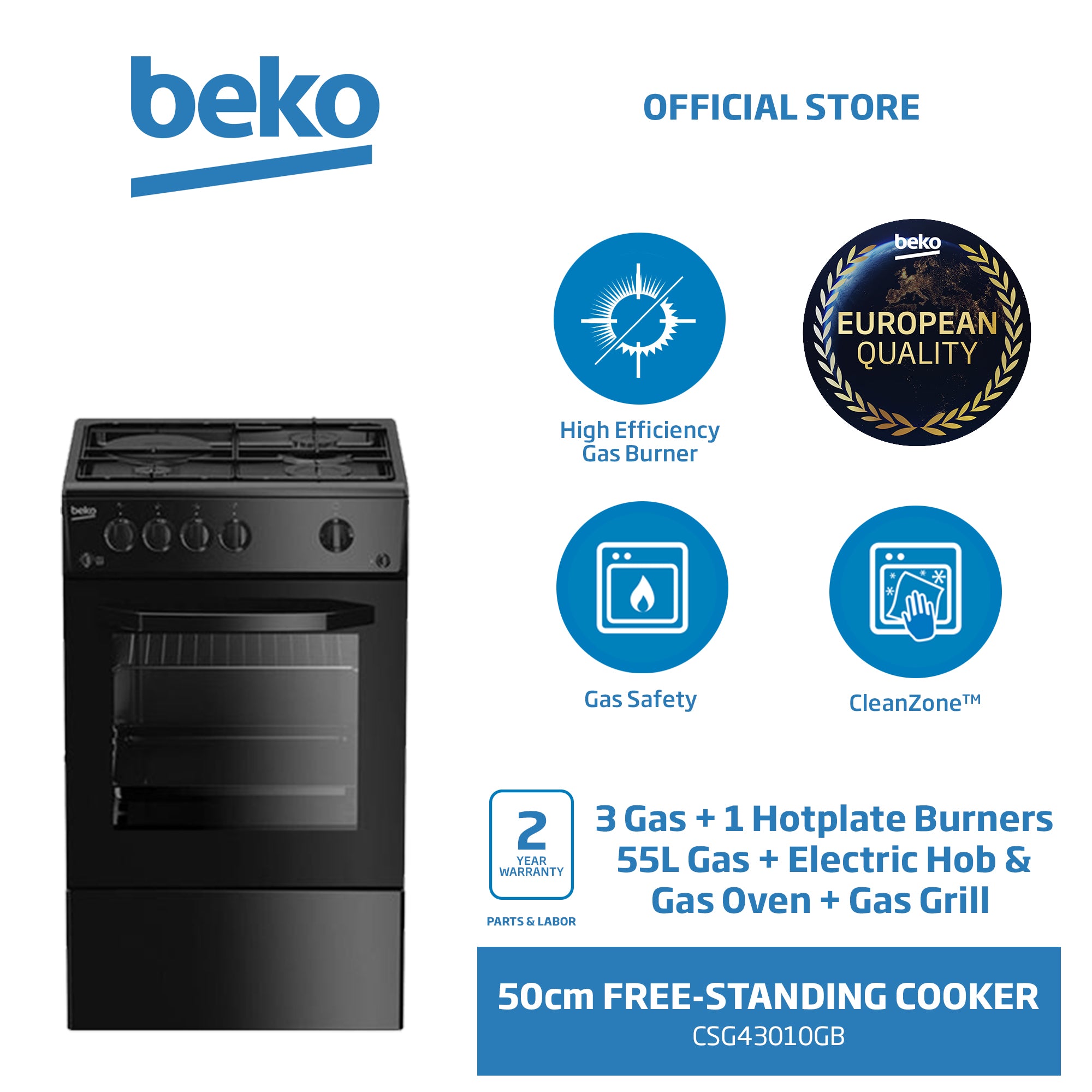 Beko Freestanding Cooker 50 cm, 3 Gas + 1 Hotplate  Gas + Electric Hob & Gas Oven + Gas Grill CSG43010GB-4

