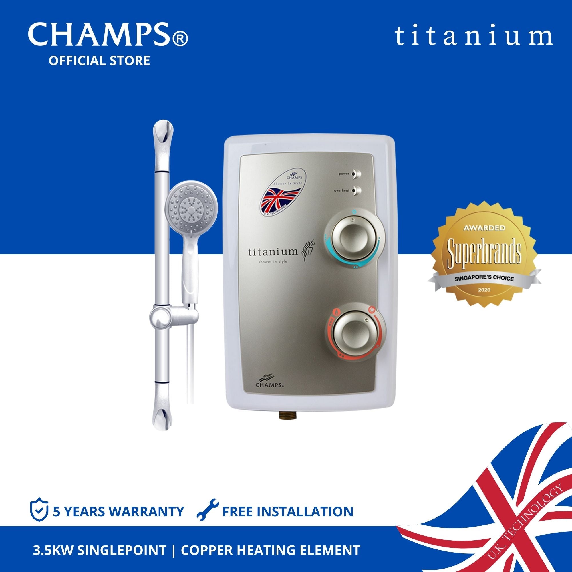 Champs shower heater with shower head on a blue background, featuring the Champs logo and product details.