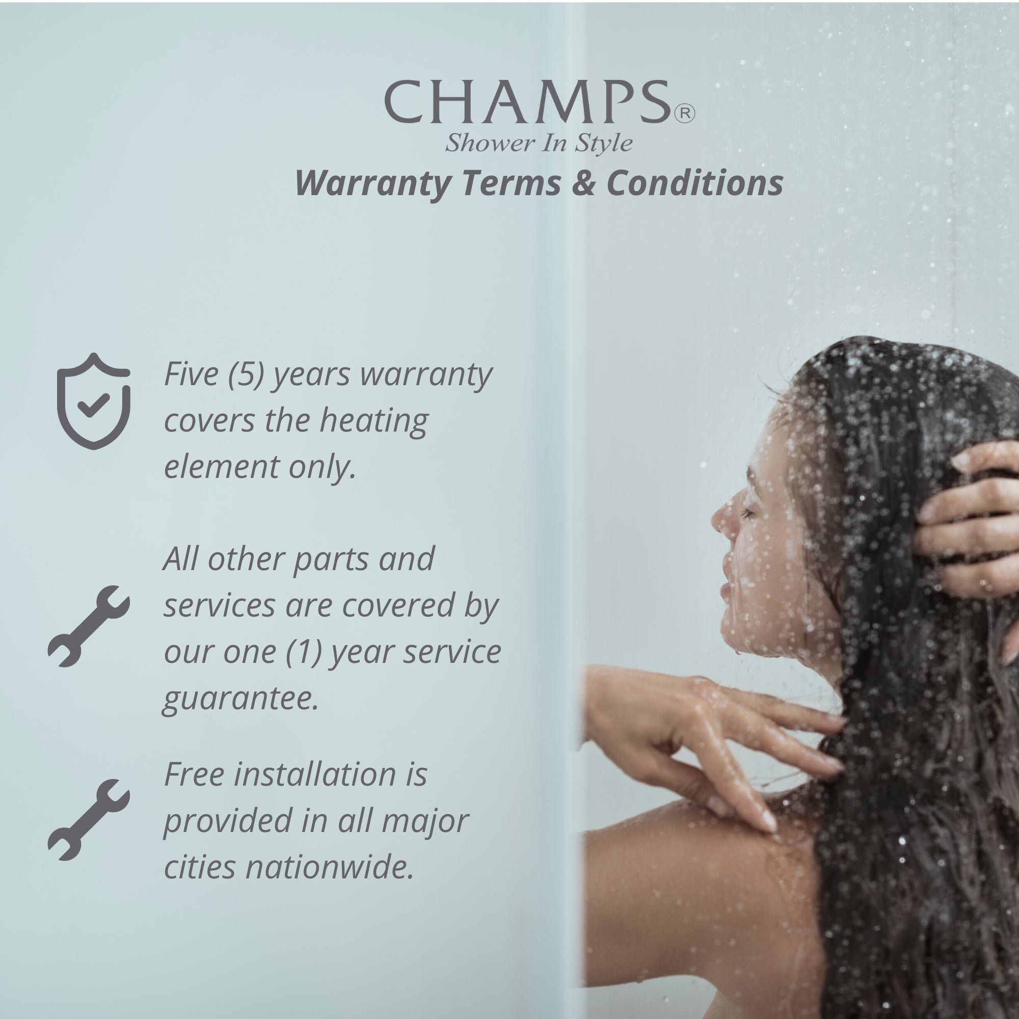 Promotional image for CHAMPS shower system with warranty terms and conditions.