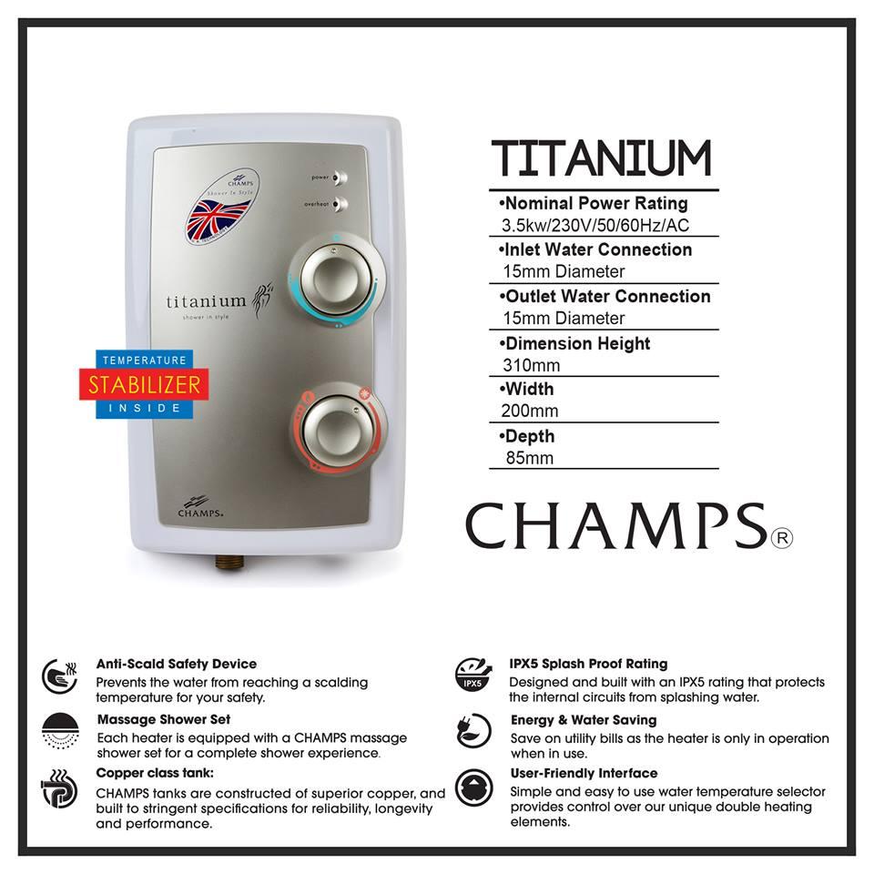 Champs shower heater with specifications on a white background