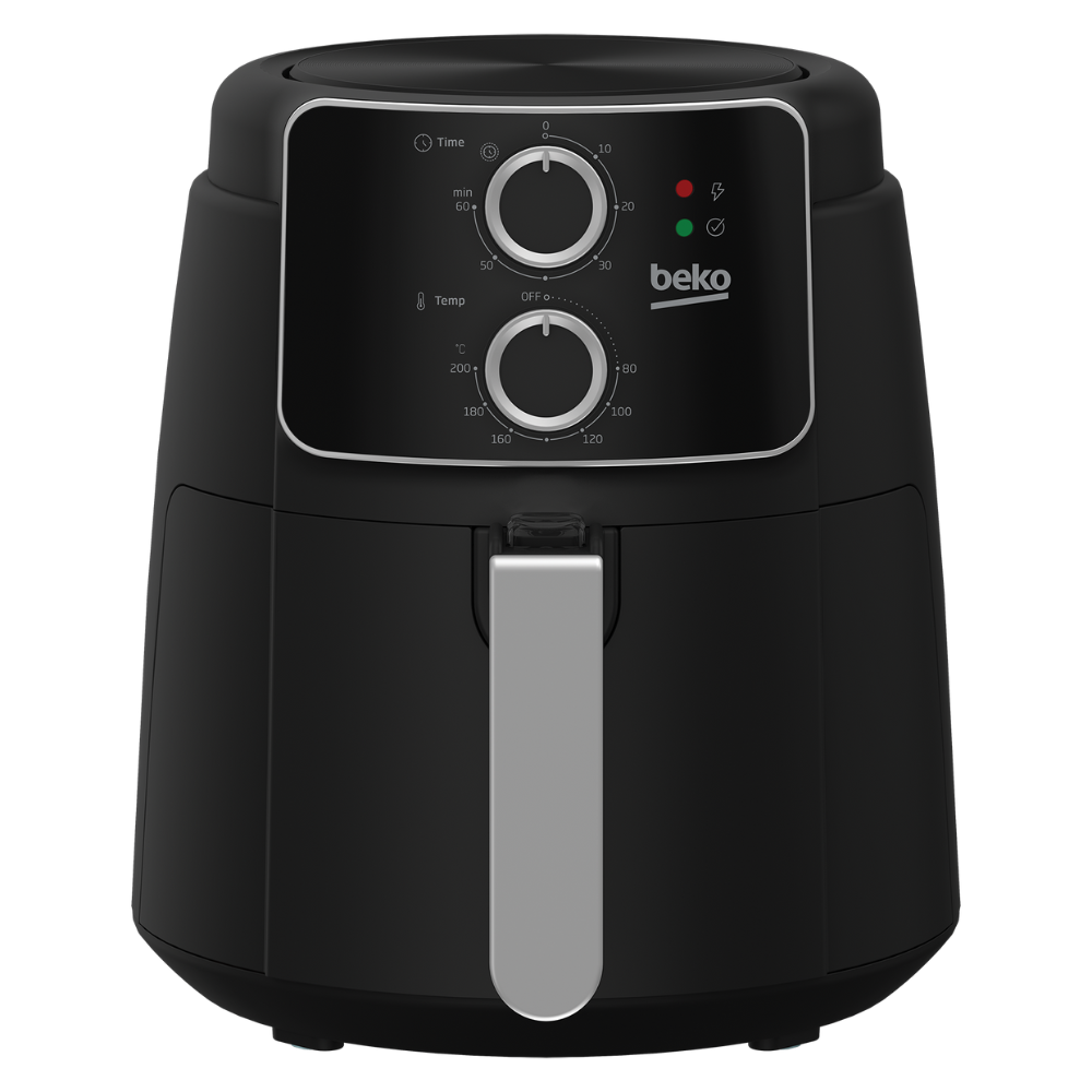 Black air fryer with control panel on a white background