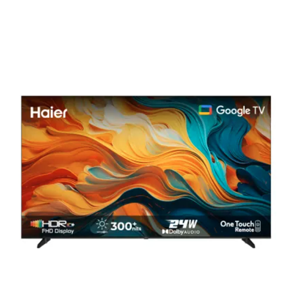 Haier TV with colorful display on a white background