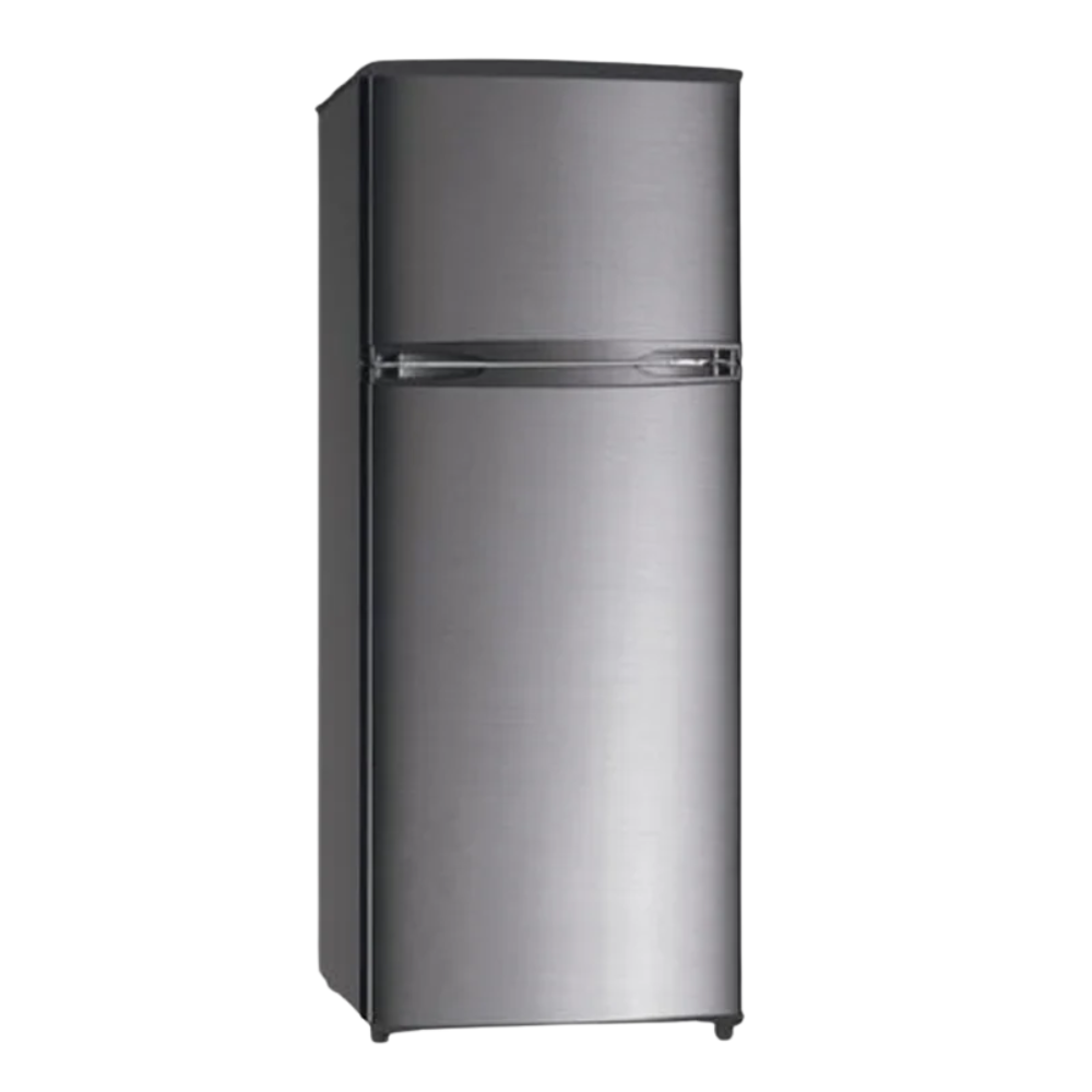 Stainless steel refrigerator on a white background