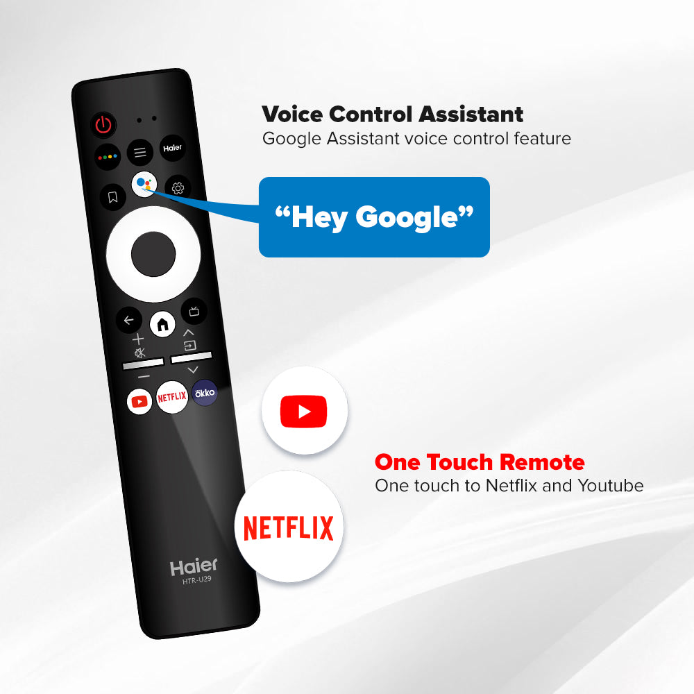 Haier remote control with voice control assistant and one-touch features on a white background