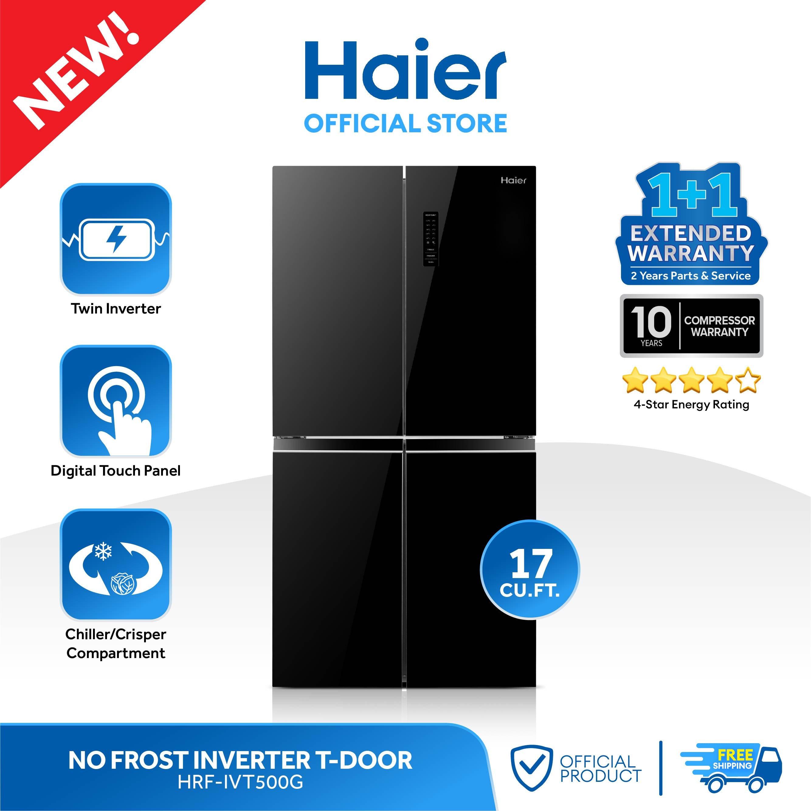 Haier refrigerator with features and specifications on a white background