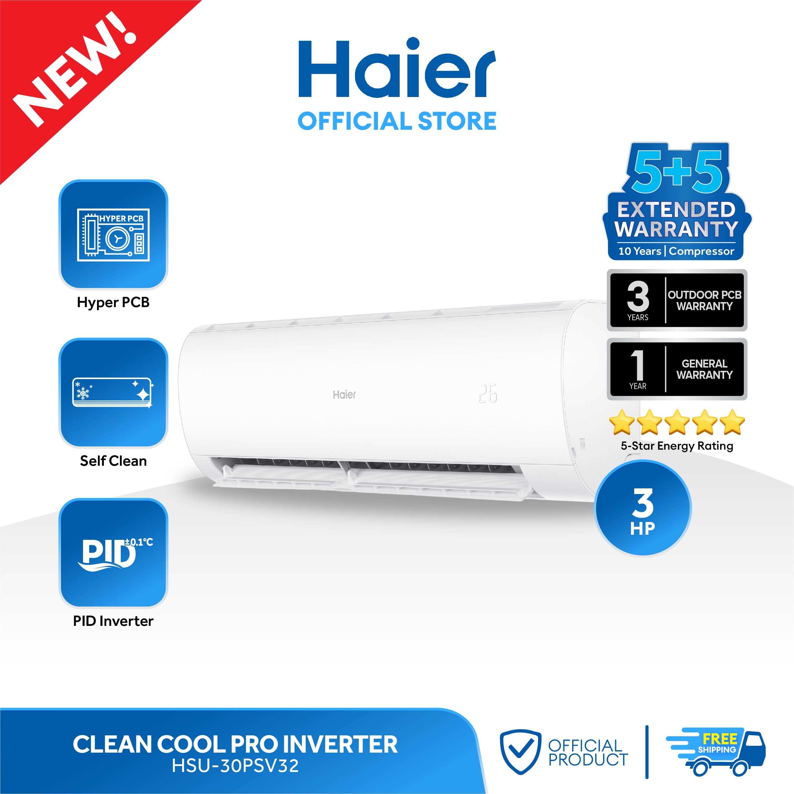 Haier air conditioner with features and warranty information on a white background