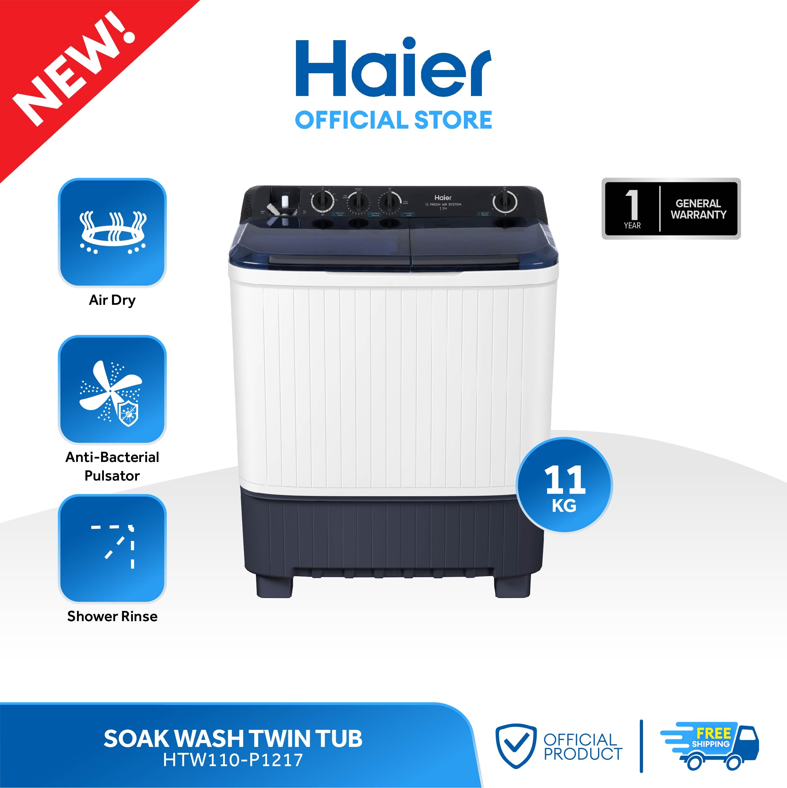 Haier SOAK WASH TWIN TUB washing machine with features and branding on a white background