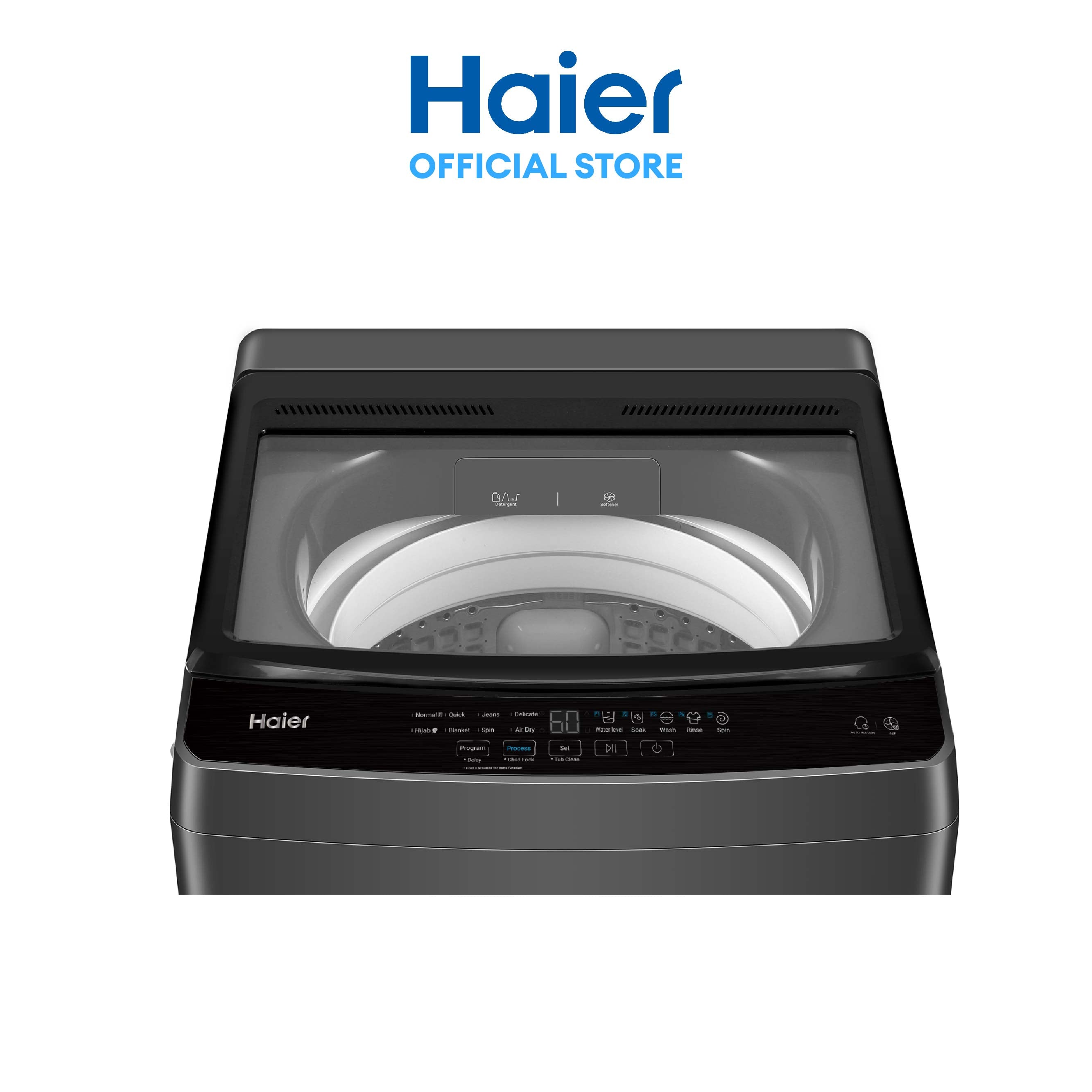 Haier washing machine on a white background with Haier logo above.