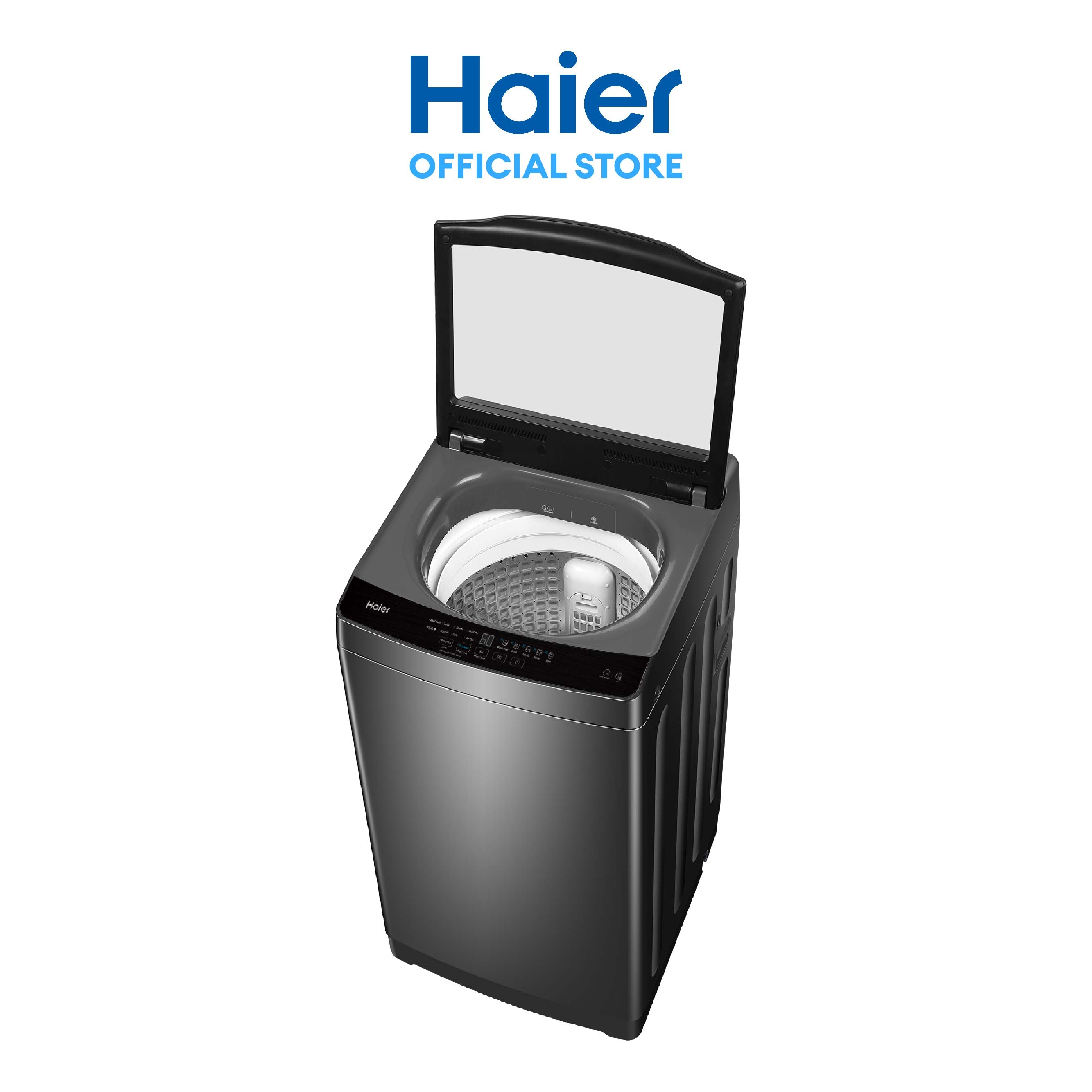 Haier washing machine on a white background with Haier logo above.