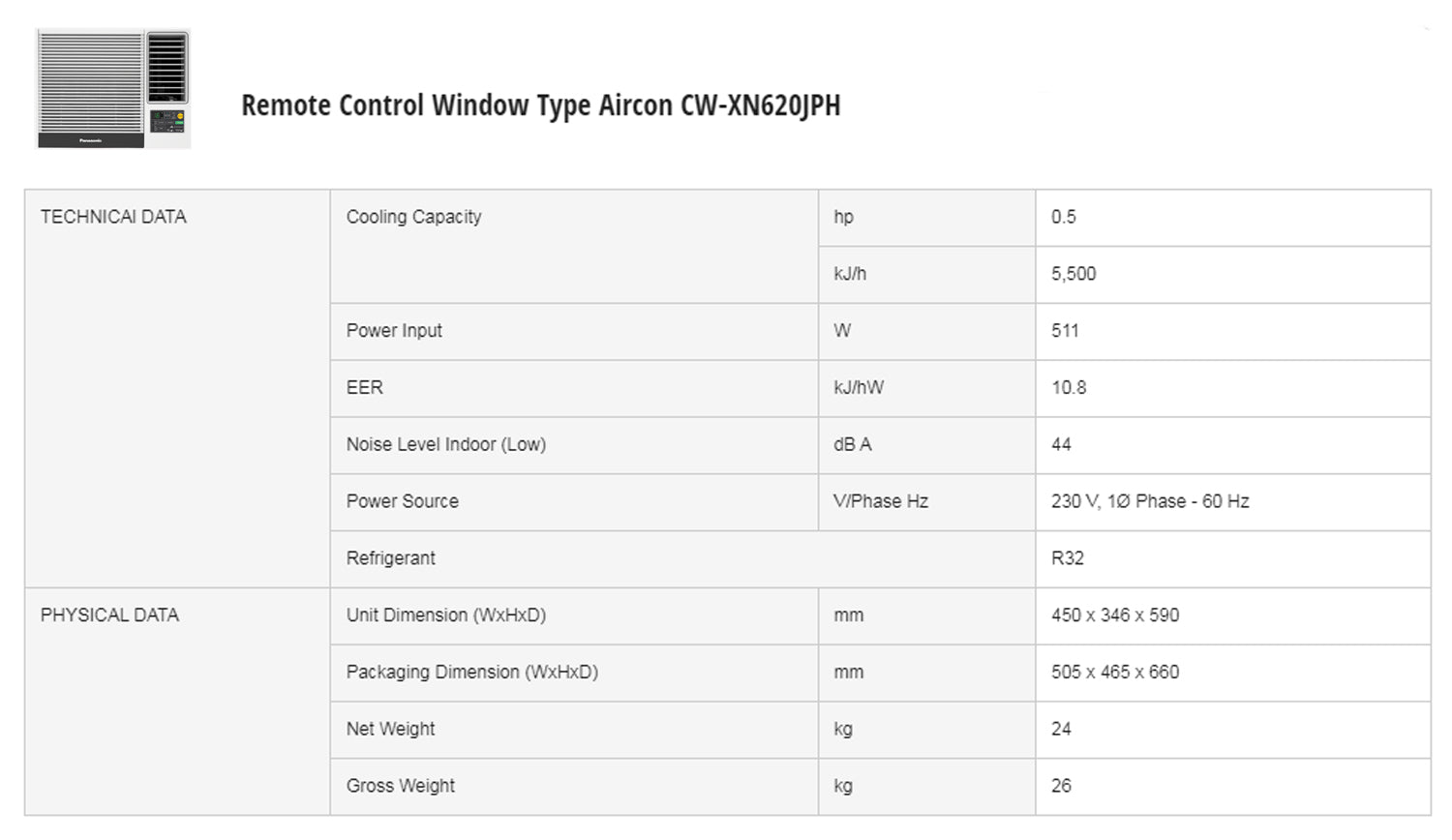 PanasonicCW-XN620JPH0.5HpDeluxeRemoteControlWindowTypeAircon-5