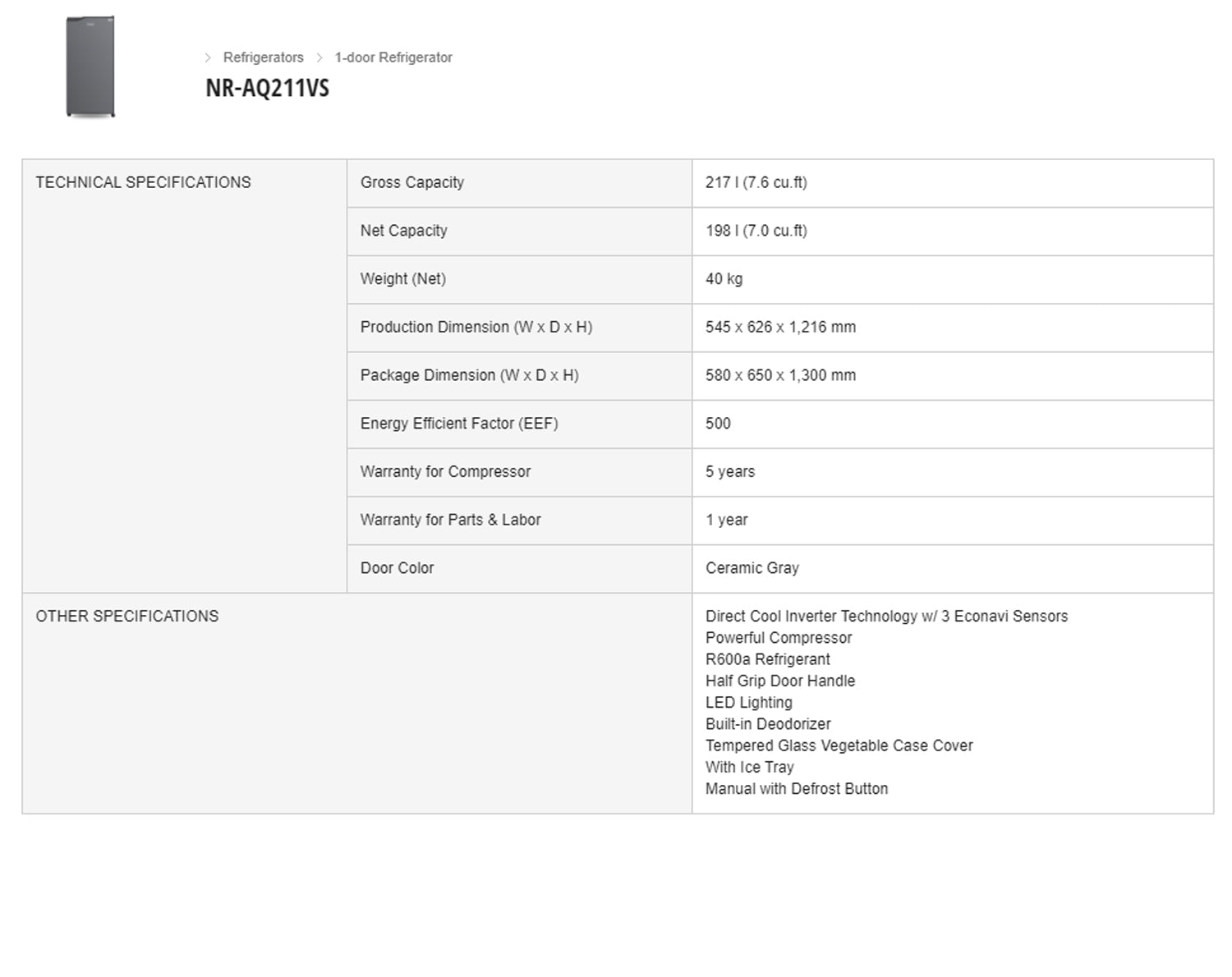 PanasonicNR-AQ211VS7.6cu.ft.1DoorDirectCoolInverterRefrigeratorwithEconaviSensors-5