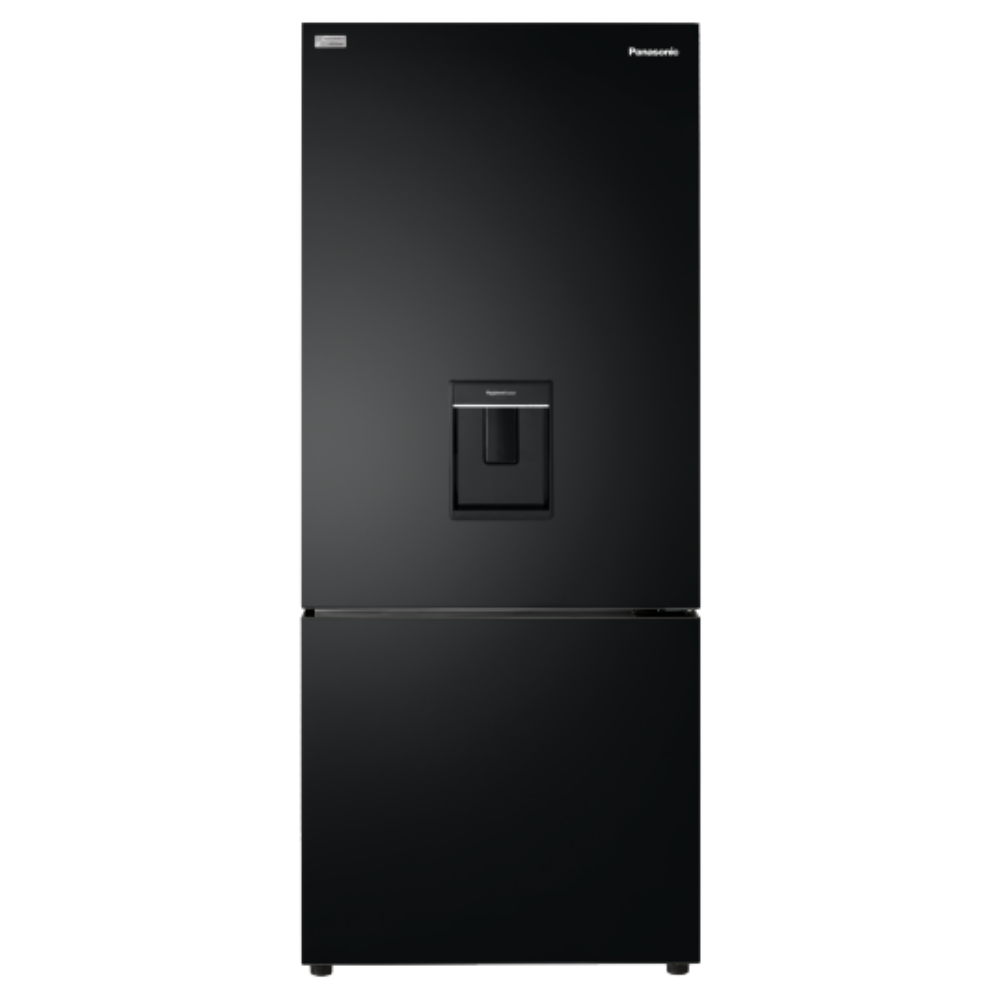 Black refrigerator with water and ice dispenser on a white background