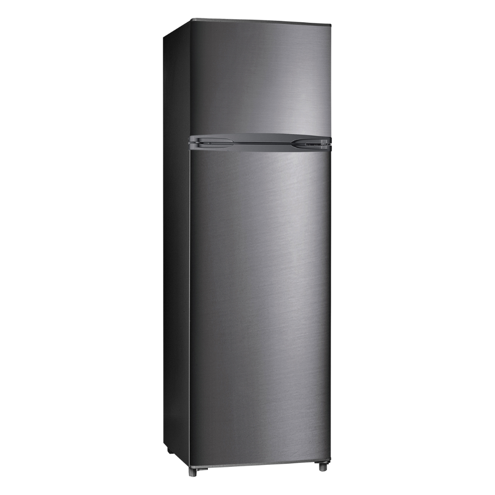 Stainless steel refrigerator on a white background
