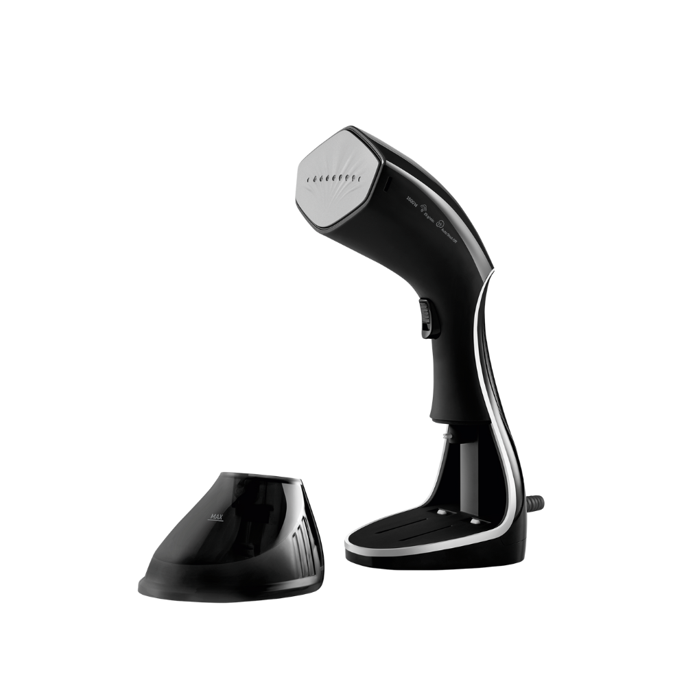 Black handheld steamer on a white background