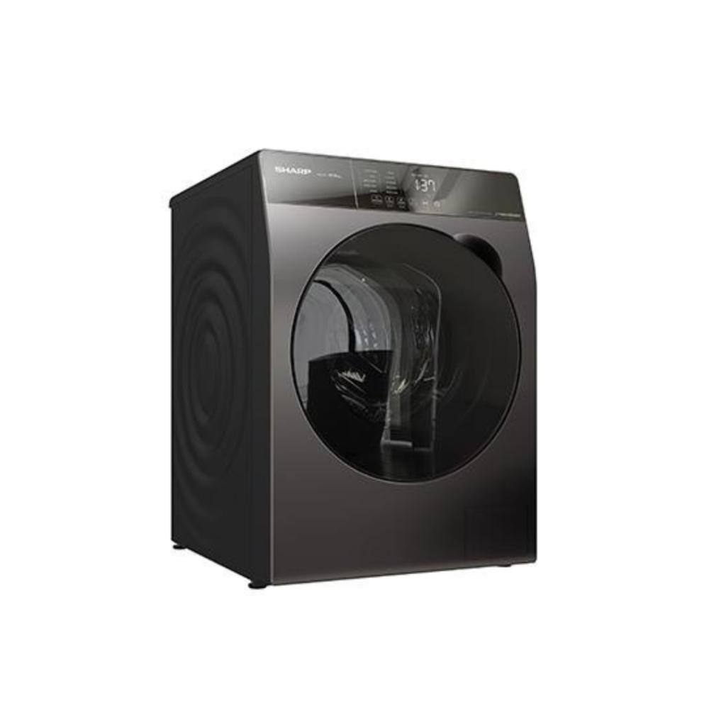 Black washing machine with digital display on a white background