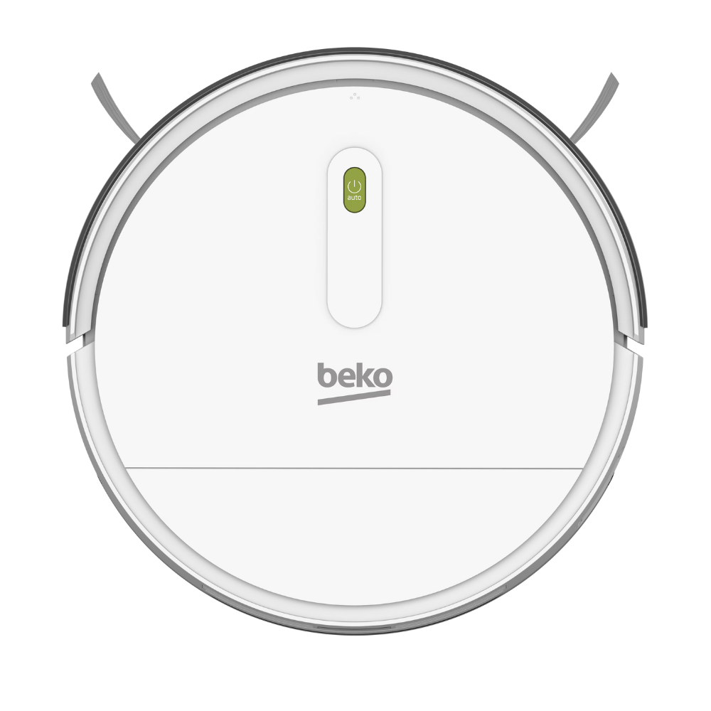 Robotic vacuum cleaner with Beko branding on a white background