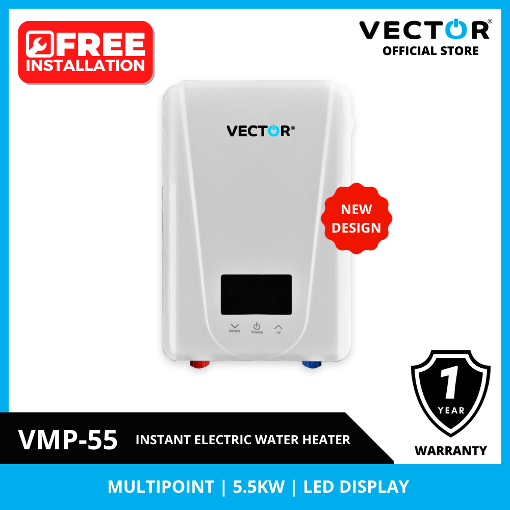 Vector instant electric water heater with features and branding on a white background
