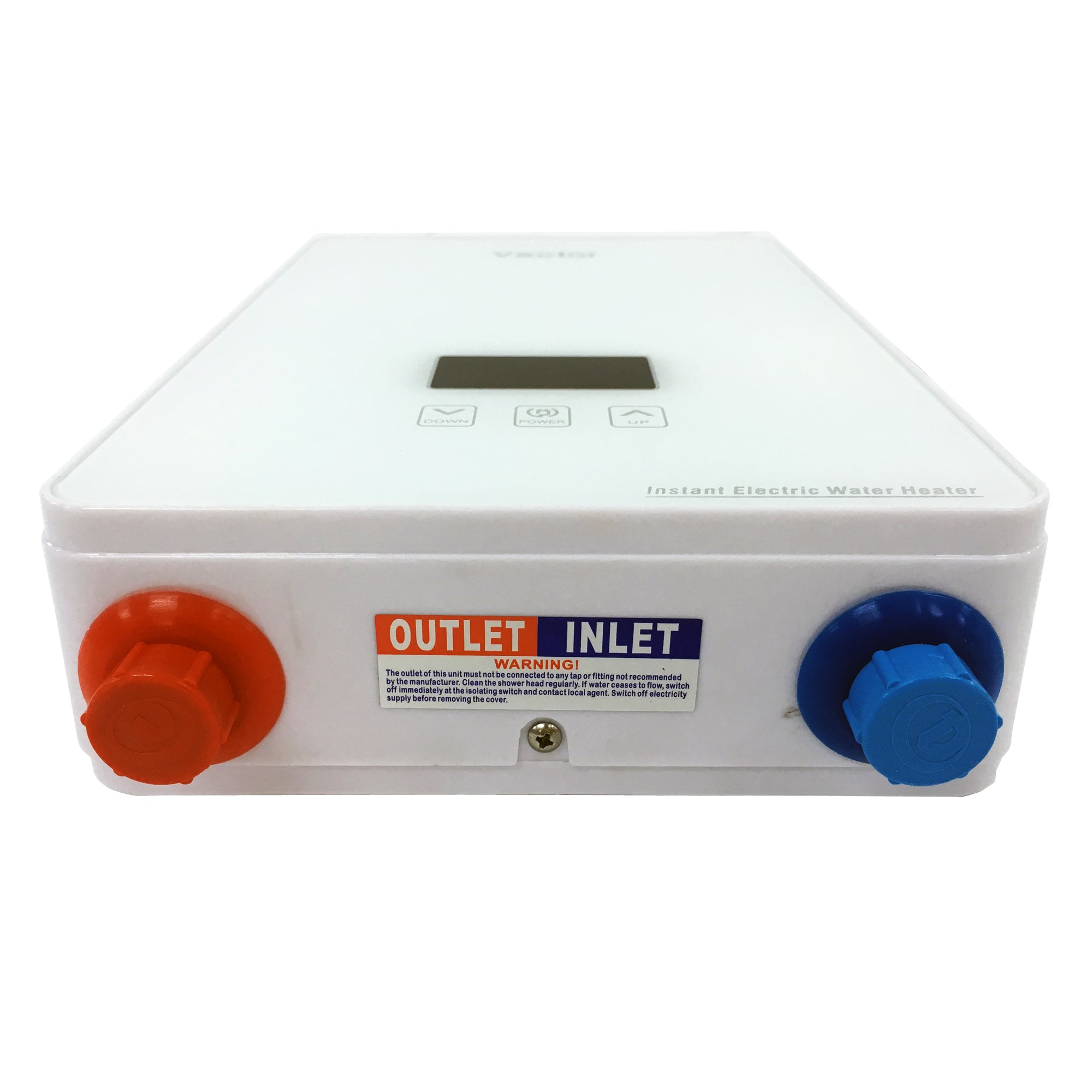 White electronic device with red and blue knobs on a white background