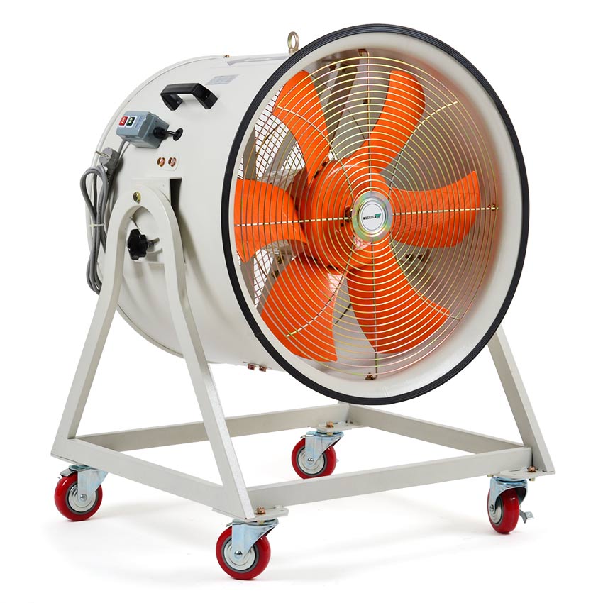 Industrial fan with orange blades on a white background
