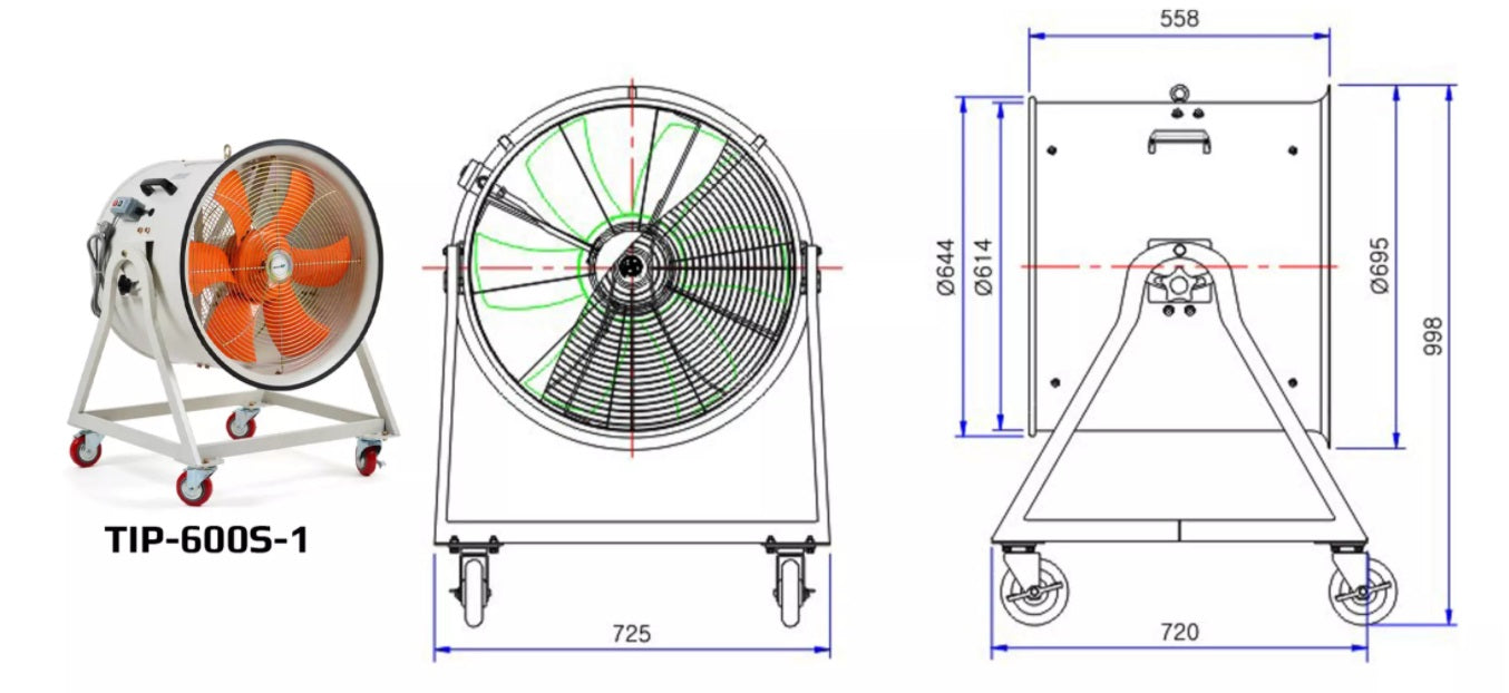 Industrial fan with dimensions and specifications on a white background