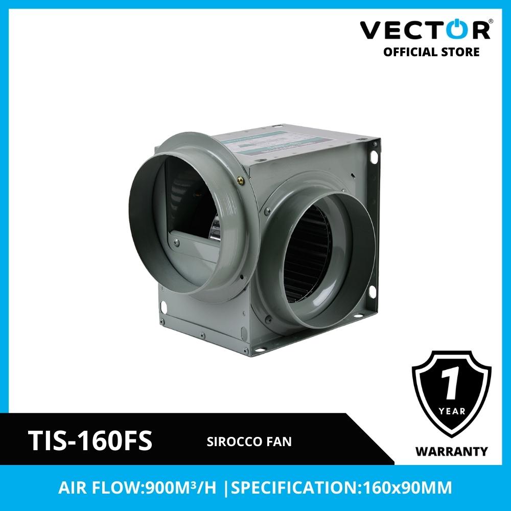 Sirocco fan TIS-160FS with Vector branding and warranty information on a white background.