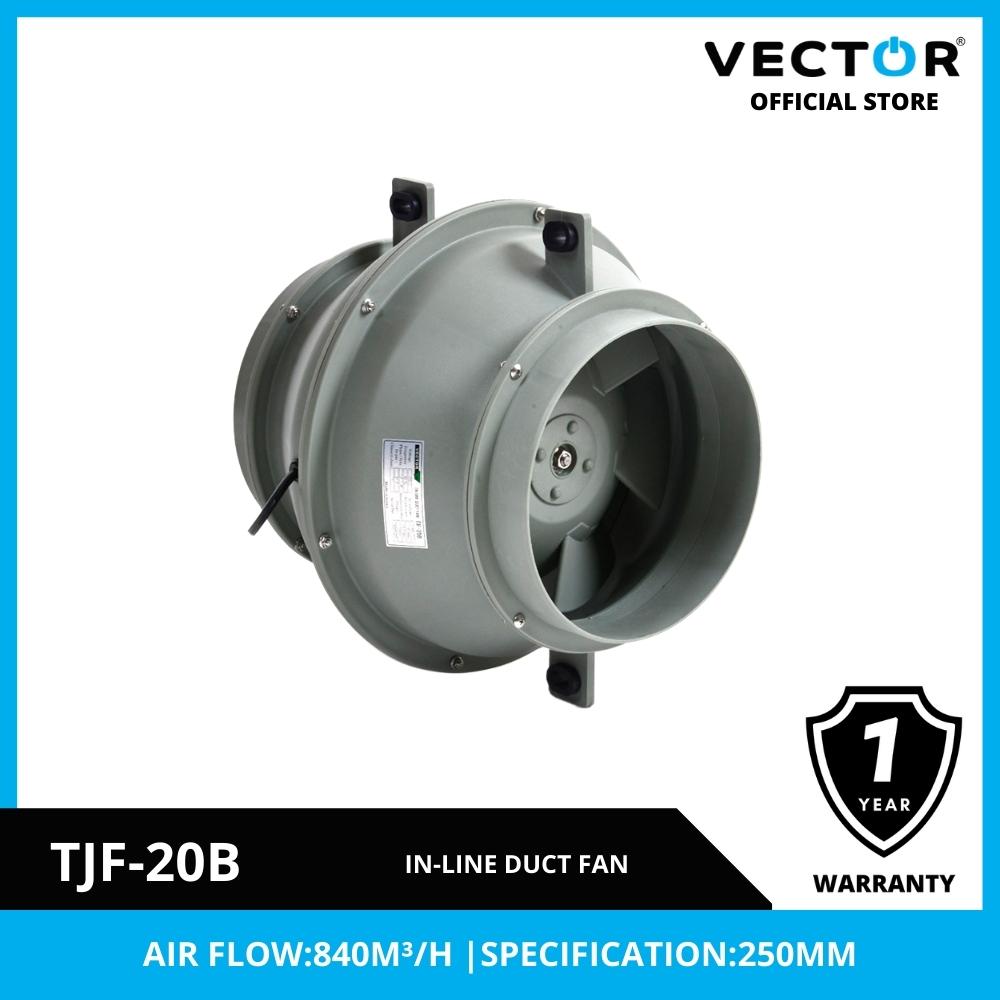 In-line duct fan with Vector branding and product details on a white background