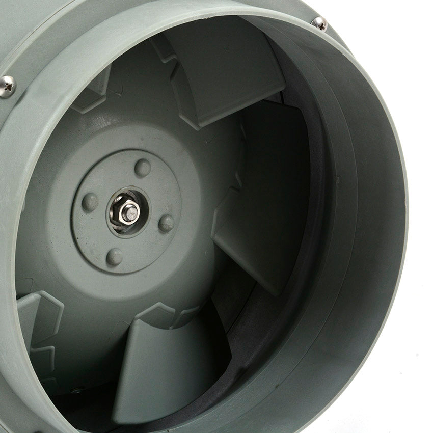Close-up of a gray fan blade on a white background