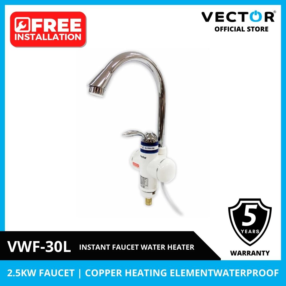 Instant faucet water heater with Vector branding and warranty information on a white background