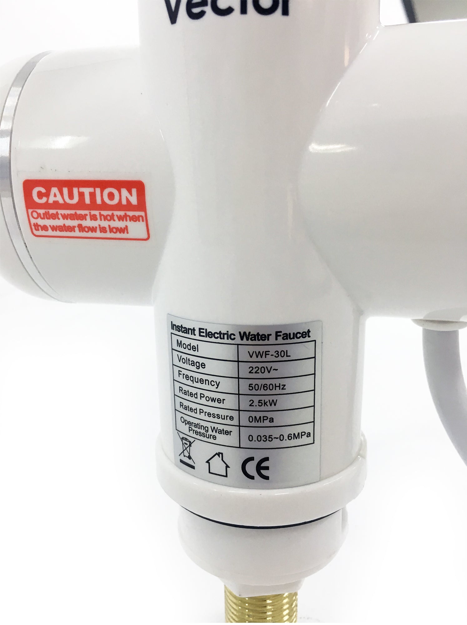 White electric water faucet with 'Vector' branding and safety label on a white background