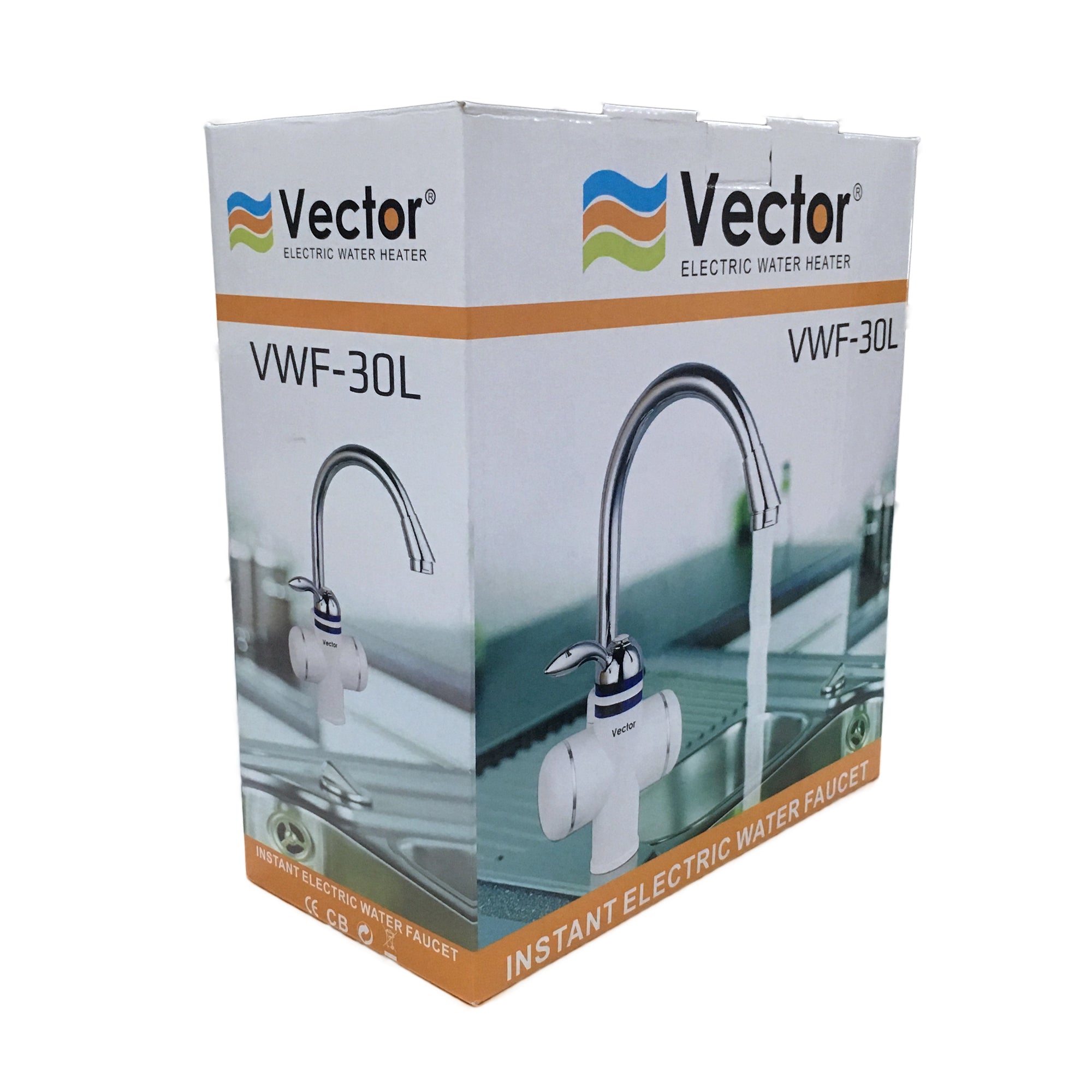 Vector electric water heater packaging with faucet illustration on a white background
