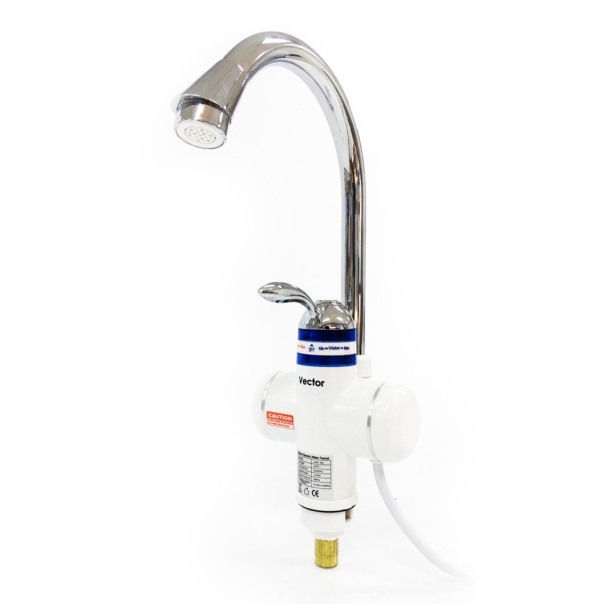 Chrome kitchen faucet with white housing on a white background