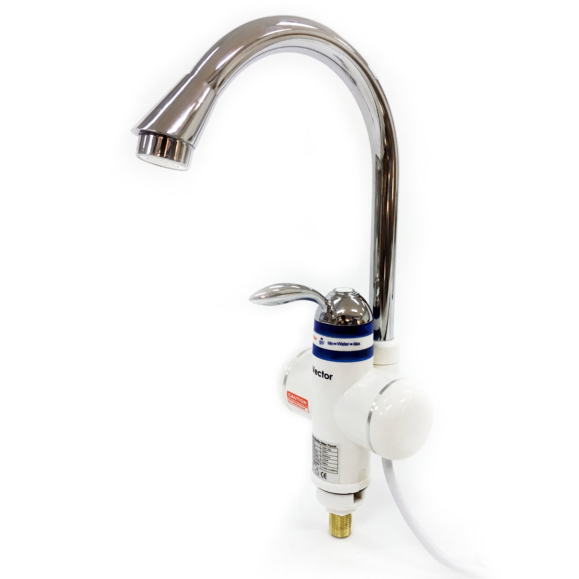 Chrome kitchen faucet with white valve on a white background