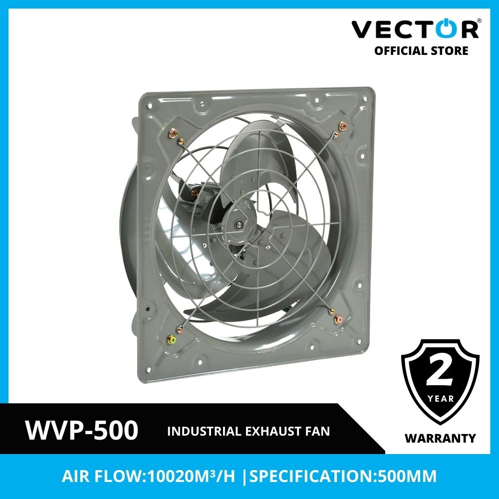 Industrial exhaust fan with Vector branding and specifications on a white background
